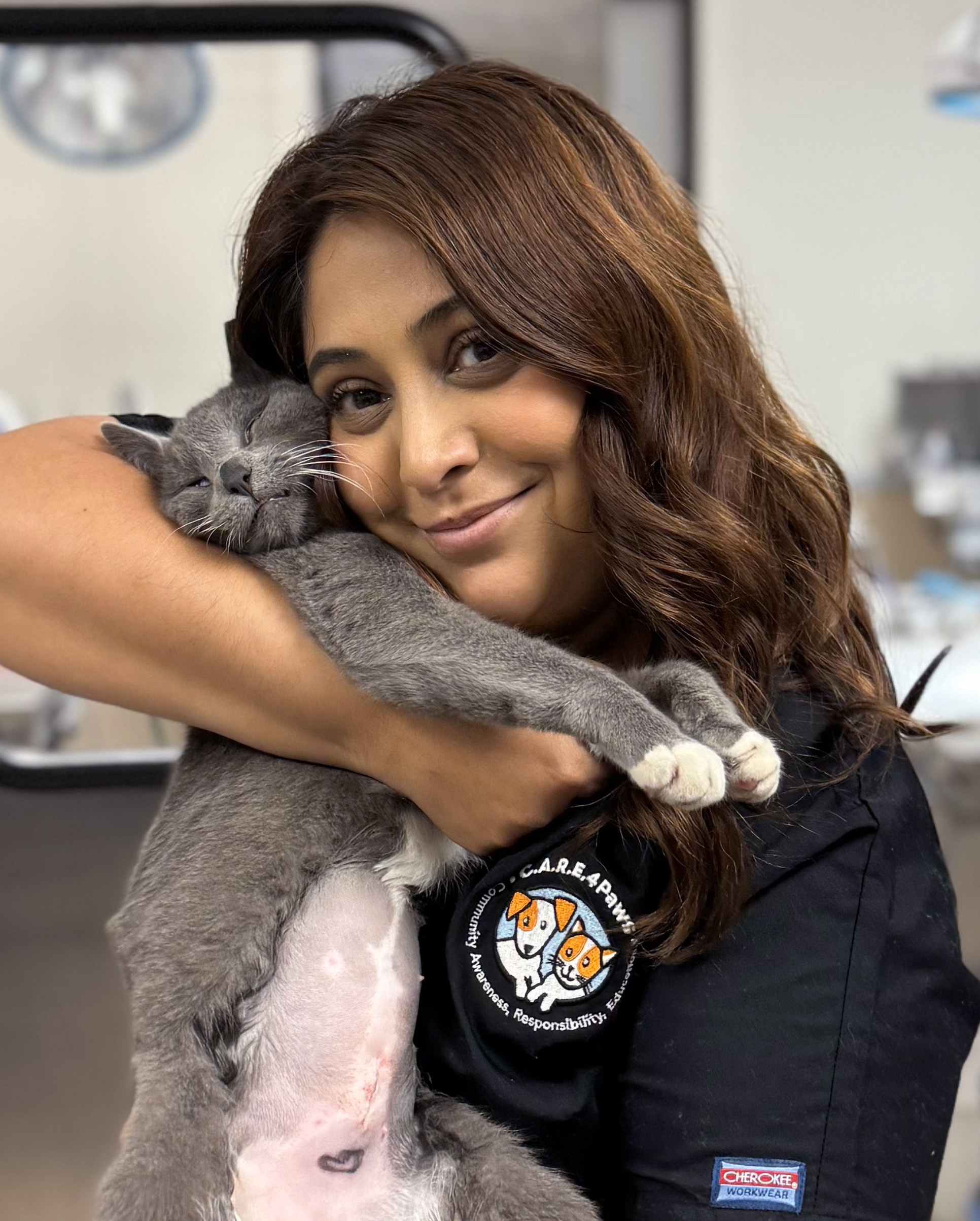 C.A.R.E.4Paws vet tech cuddling a grey and white cat
